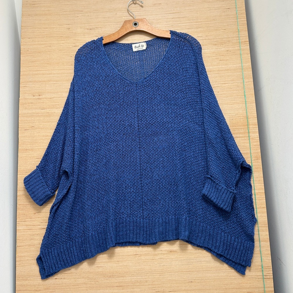 Beach Life Cape Cod Blue Open Knit Oversized V-Neck Pullover Sweater S-L